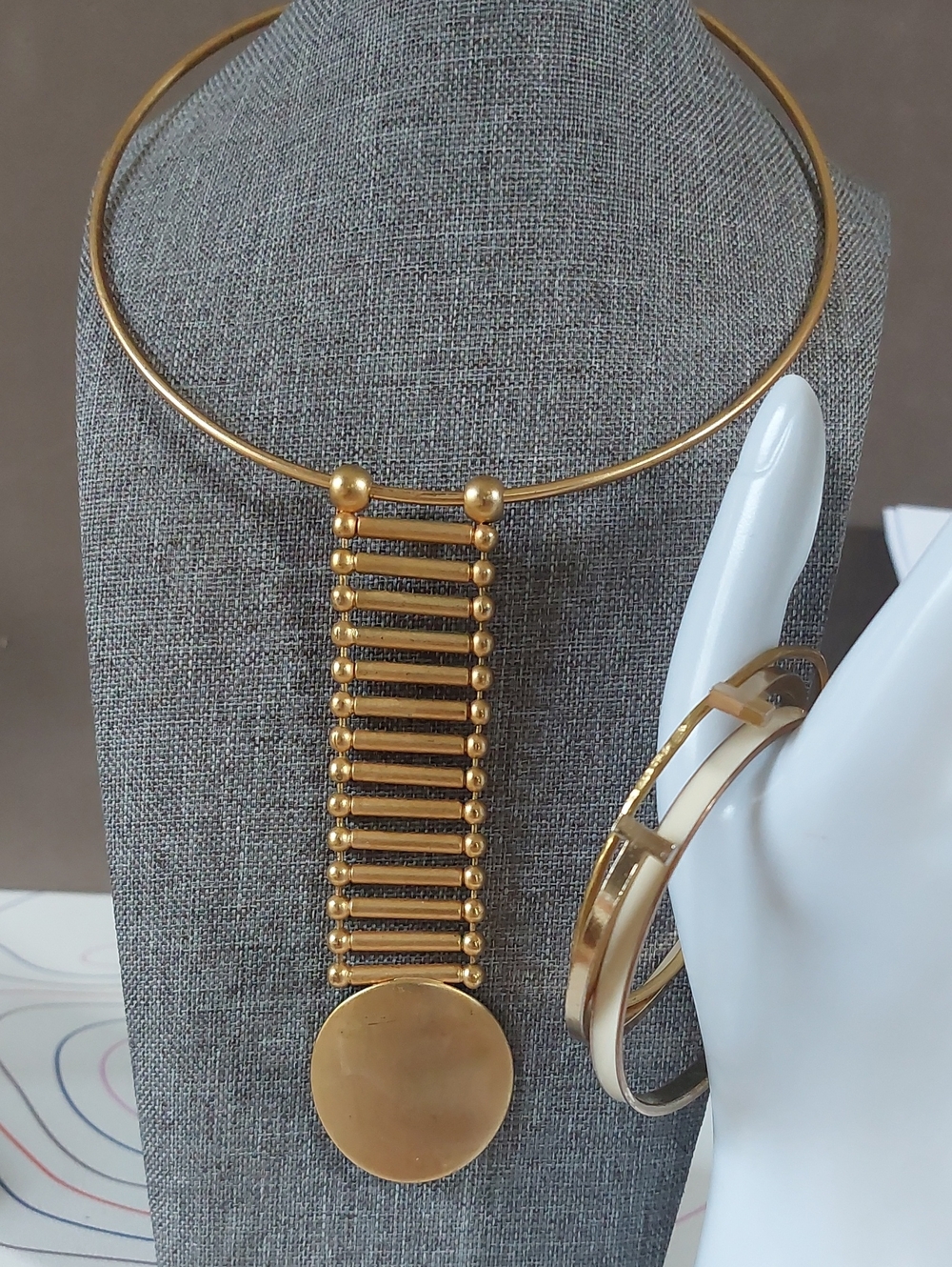 Lot Vintage Brutalist Gold Collar Necklace & 18KGP Bangle Bracelet